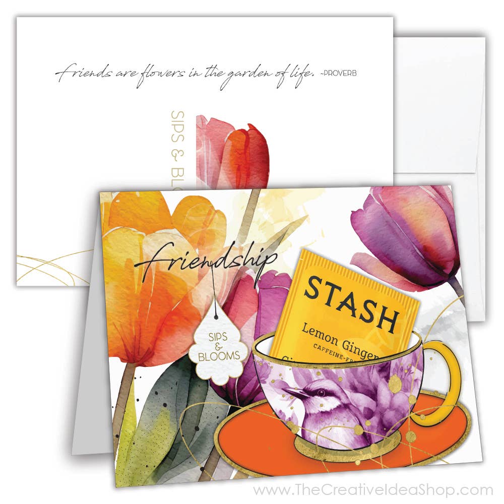 TEA GREETING Card with REAL TEA BAG - Friendship Sips Blooms