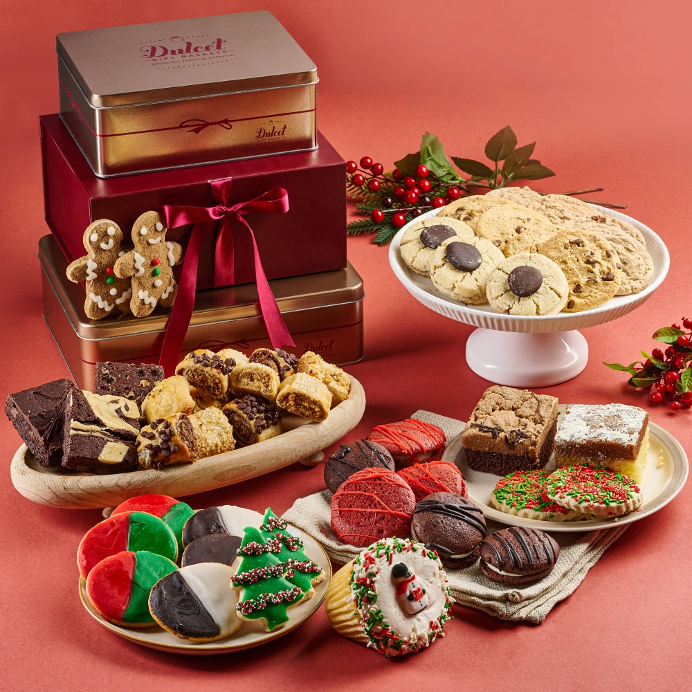 Deluxe Holiday Treats Gift Tower, gourmet sweets gift for birthdays, holidays and celebrations from Cedar & Spice Gifts