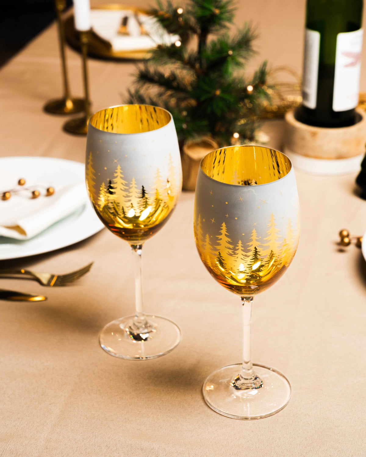 Gold Pine Tree Wine Glasses