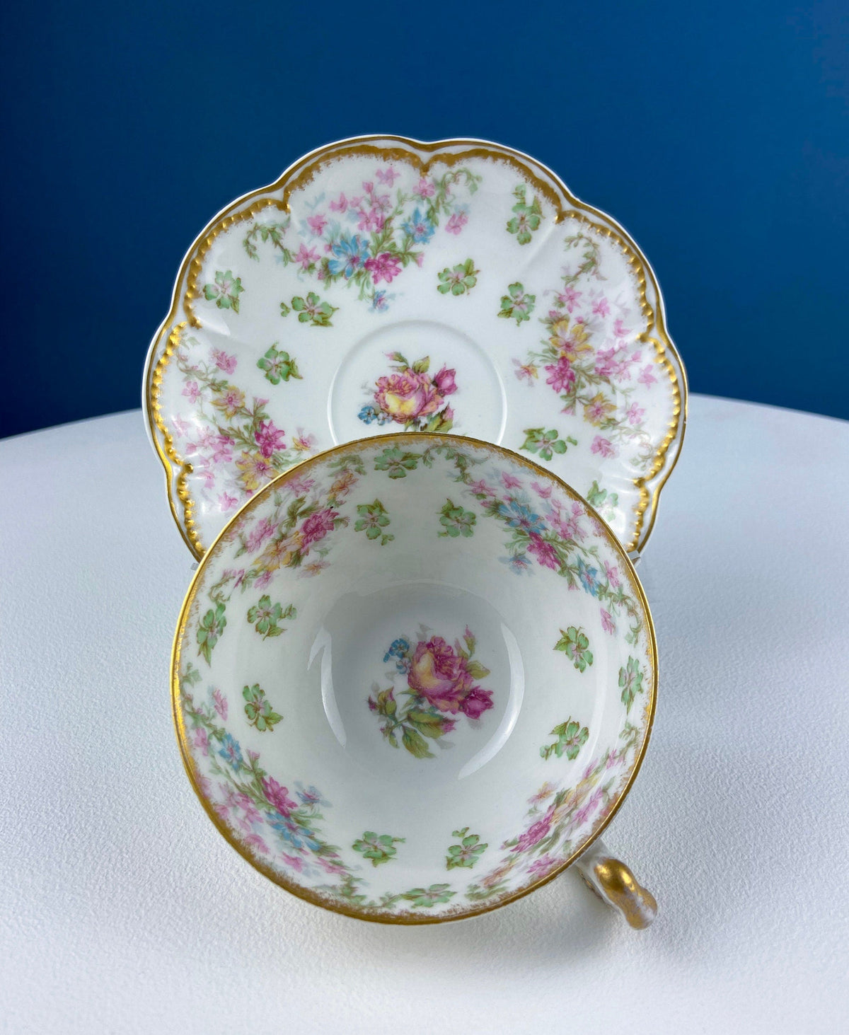 Very Light Weight Porcelain Cup and Saucer. M&K Austria. Delicate Rose Garlands and Scalloped Edges. Heart Shaped Handle. Gift for Her.