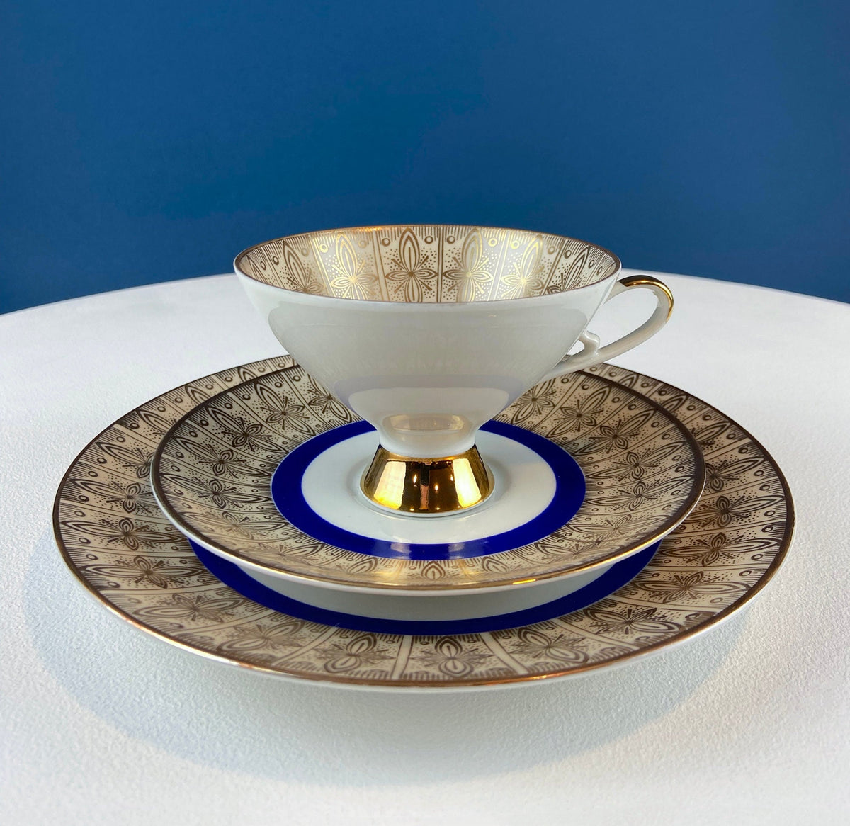 Vintage Paragon Cup and Saucer. Porcelain Tea Set. Lt Yellow with Dark Blue and Gold Bend. Rose Motif. Excellent Gift Idea for Tea Lover.