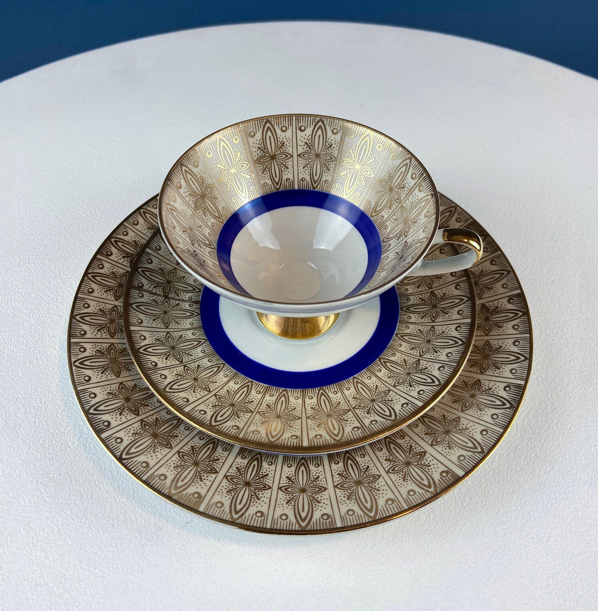Vintage Paragon Cup and Saucer. Porcelain Tea Set. Lt Yellow with Dark Blue and Gold Bend. Rose Motif. Excellent Gift Idea for Tea Lover.