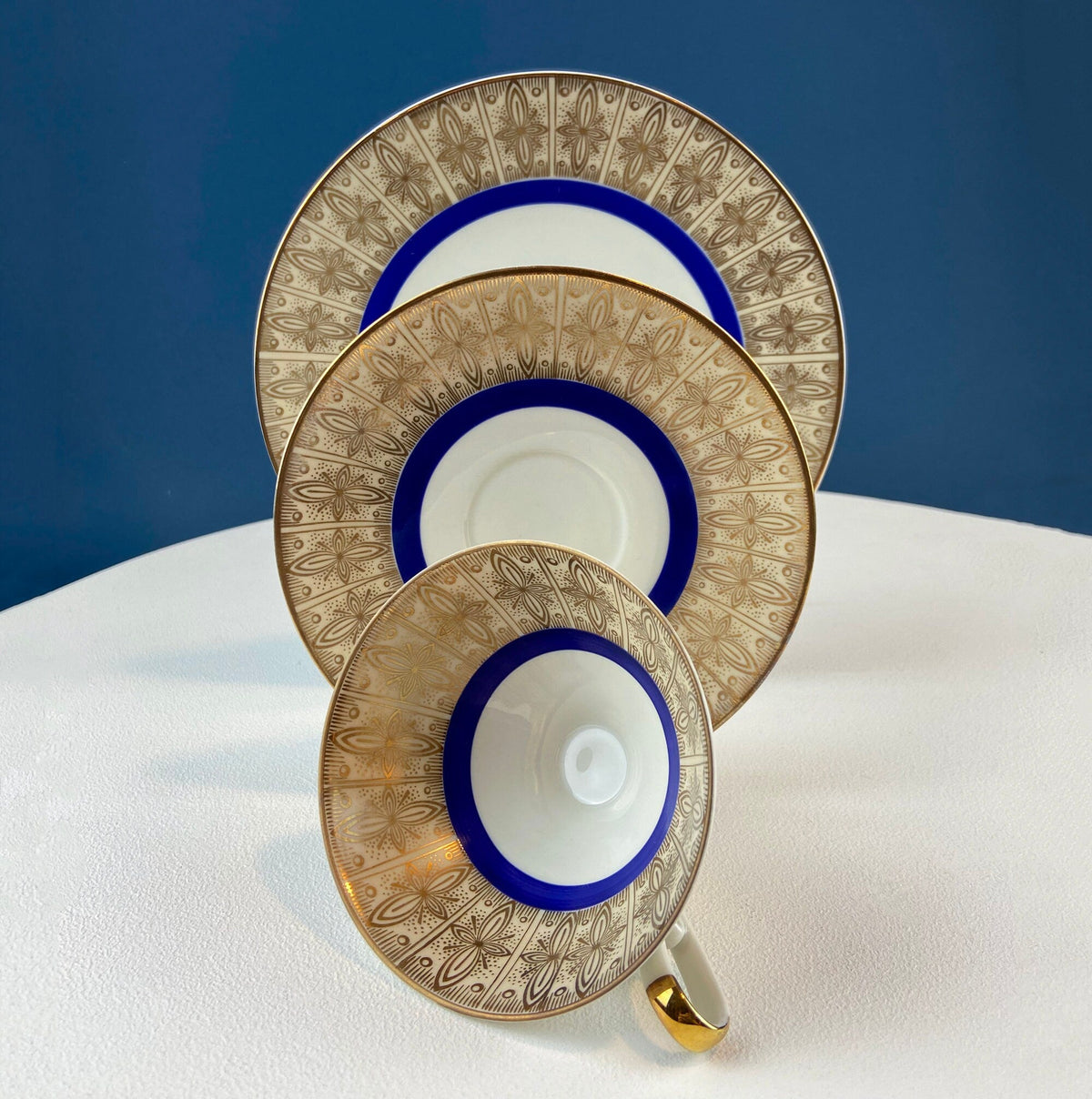 Vintage Paragon Cup and Saucer. Porcelain Tea Set. Lt Yellow with Dark Blue and Gold Bend. Rose Motif. Excellent Gift Idea for Tea Lover.