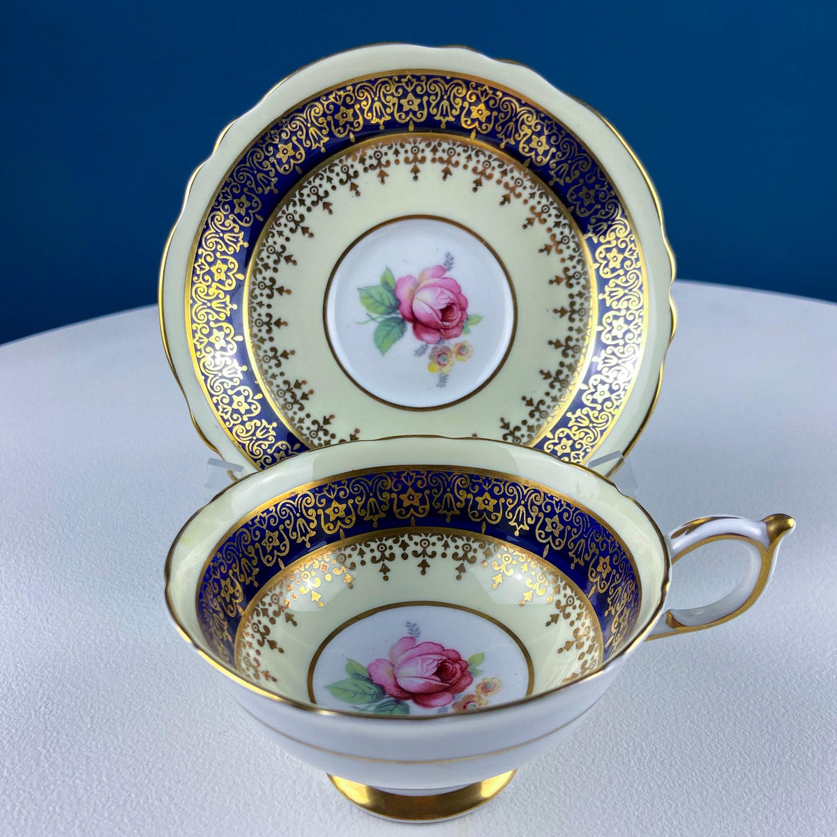 Vintage Paragon Cup and Saucer. Porcelain Tea Set. Lt Yellow with Dark Blue and Gold Bend. Rose Motif. Excellent Gift Idea for Tea Lover.