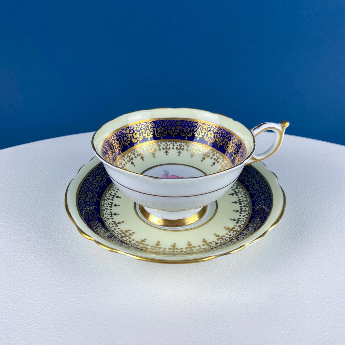 Vintage Paragon Cup and Saucer. Porcelain Tea Set. Lt Yellow with Dark Blue and Gold Bend. Rose Motif. Excellent Gift Idea for Tea Lover.
