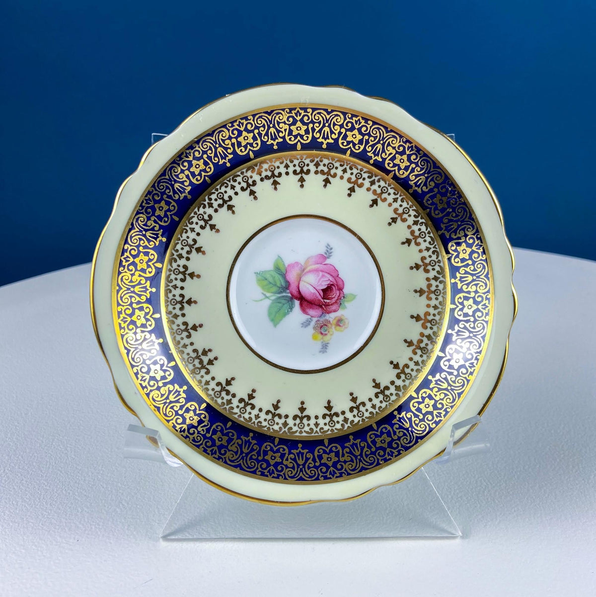 Vintage Paragon Cup and Saucer. Porcelain Tea Set. Lt Yellow with Dark Blue and Gold Bend. Rose Motif. Excellent Gift Idea for Tea Lover.