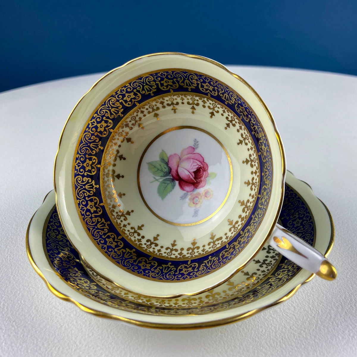 Vintage Paragon Cup and Saucer. Porcelain Tea Set. Lt Yellow with Dark Blue and Gold Bend. Rose Motif. Excellent Gift Idea for Tea Lover.