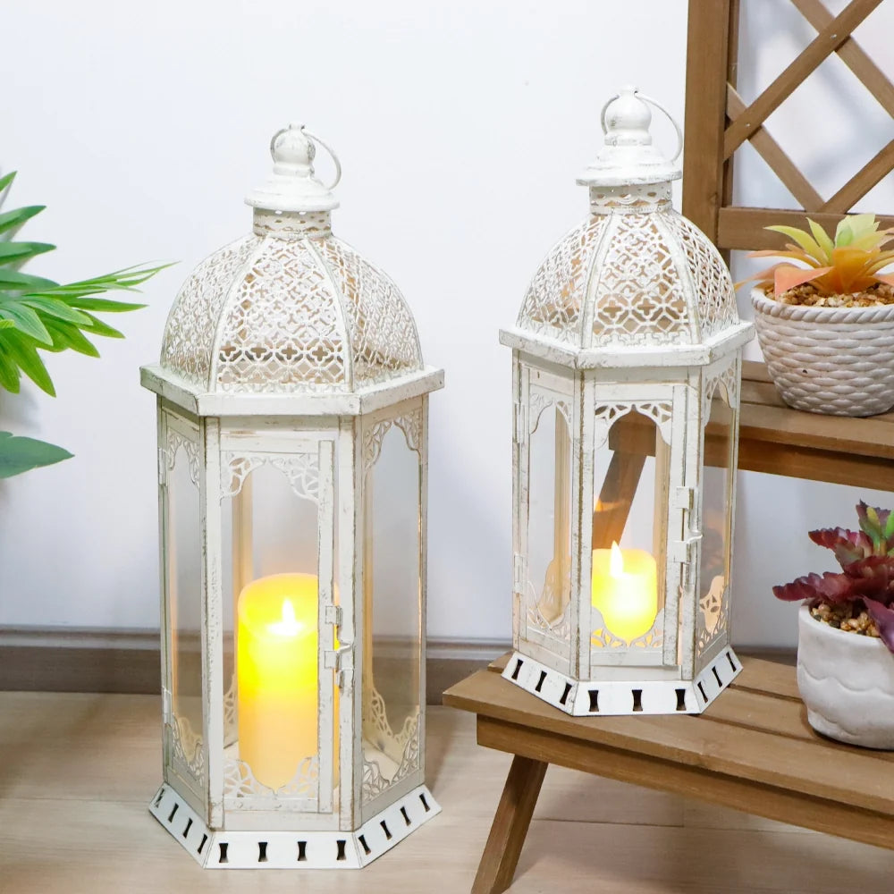 Set of 2-22"&17"H Vintage Metal Candle Lanterns(Grey with Black Brush)