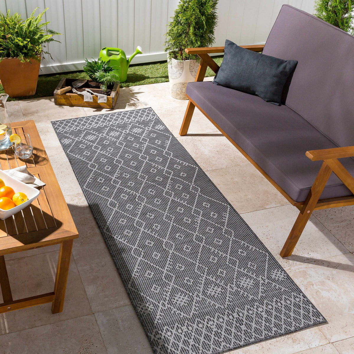 Lorena Charcoal Flatweave Trellis Outdoor Carpet - Clearance