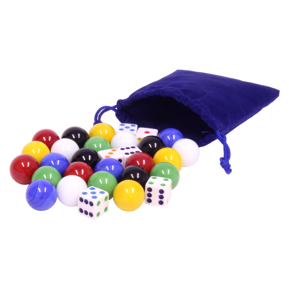 Game Bag of 24 Large Glass 7/8" (22mm Diameter) Marbles and 6 Dice