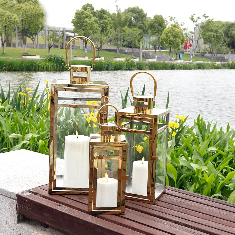 Set of 3 Stainless Steel Lantern (12/15/19'') -Gold
