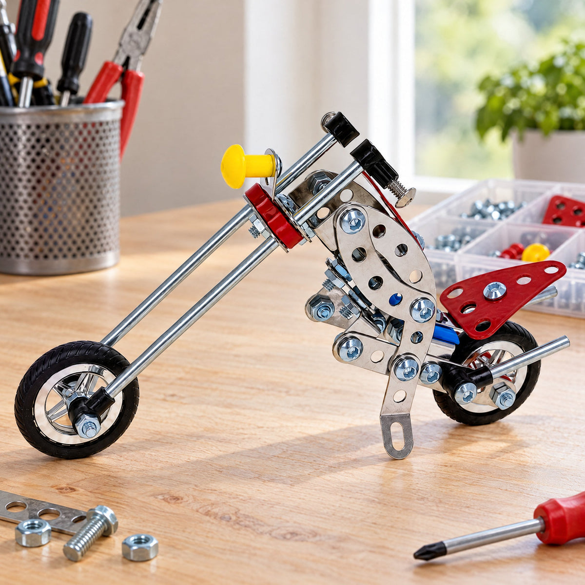 Metal Motorcycle Model Kit Buildable Chopper Toy with Bolts & Tools DIY (105 Pieces) 7.5 Inches