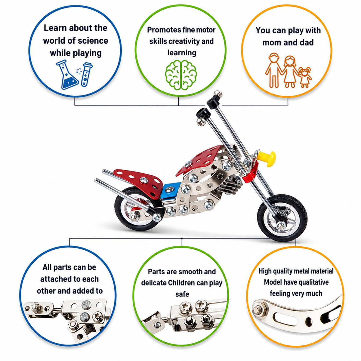 Metal Motorcycle Model Kit Buildable Chopper Toy with Bolts & Tools DIY (105 Pieces) 7.5 Inches