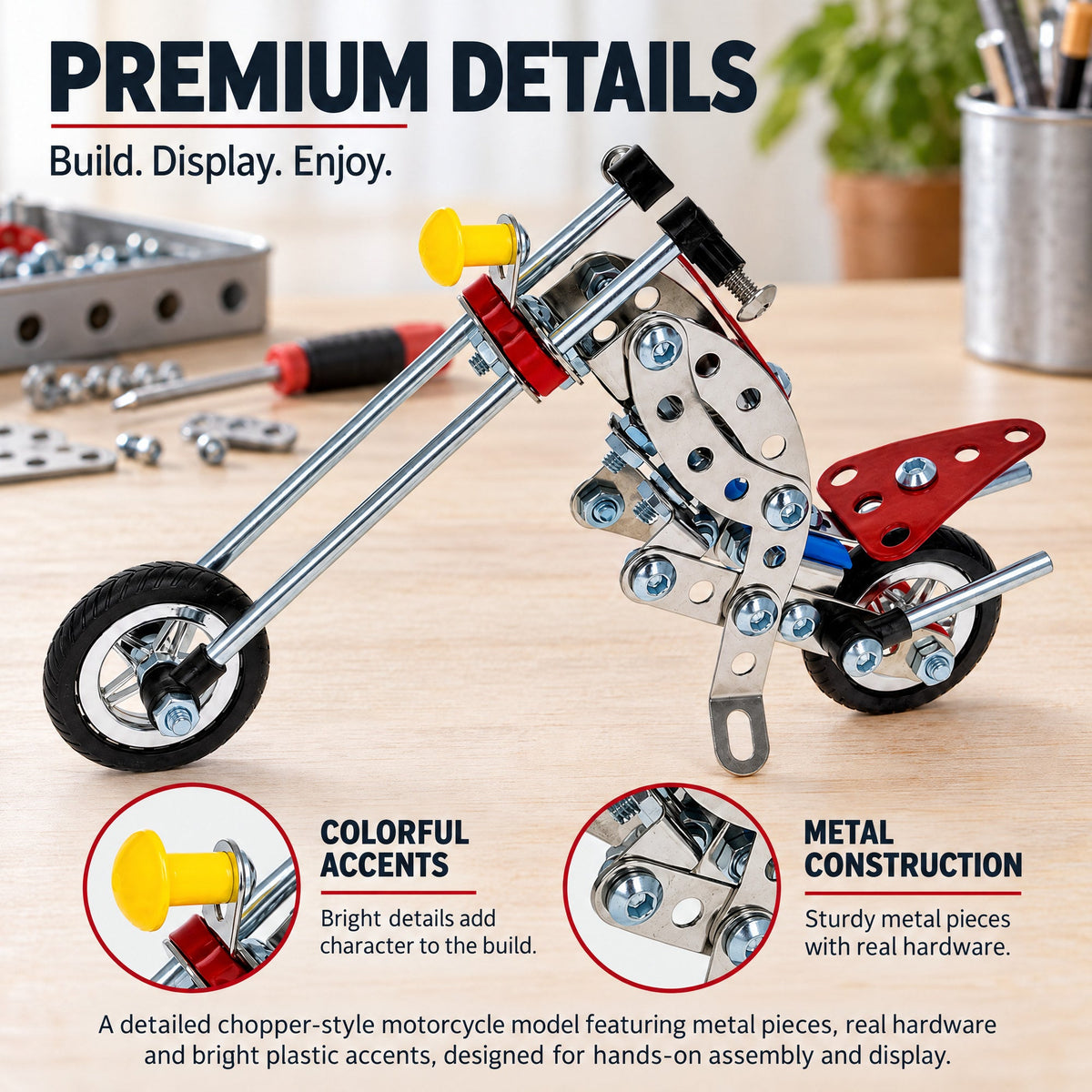 Metal Motorcycle Model Kit Buildable Chopper Toy with Bolts & Tools DIY (105 Pieces) 7.5 Inches