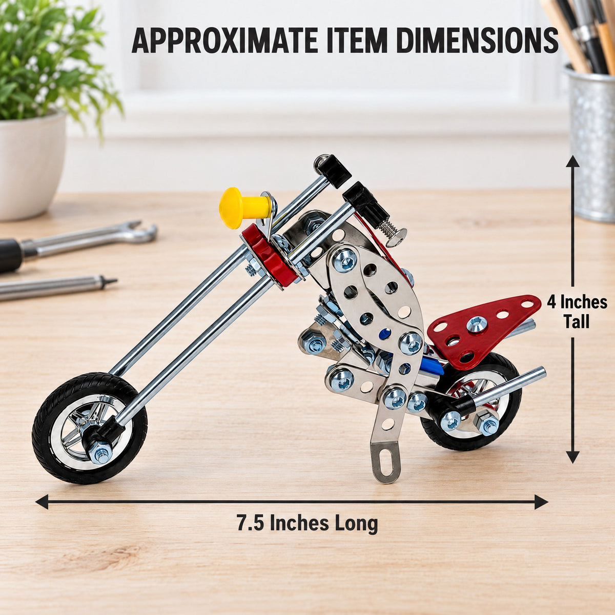 Metal Motorcycle Model Kit Buildable Chopper Toy with Bolts & Tools DIY (105 Pieces) 7.5 Inches