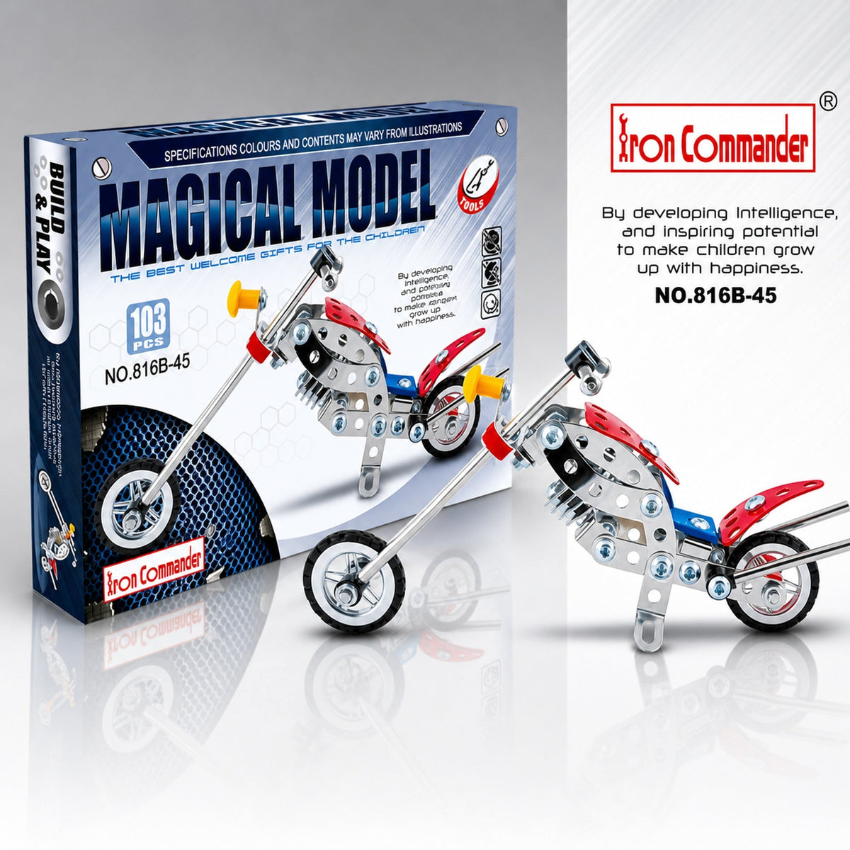 Metal Motorcycle Model Kit Buildable Chopper Toy with Bolts & Tools DIY (105 Pieces) 7.5 Inches