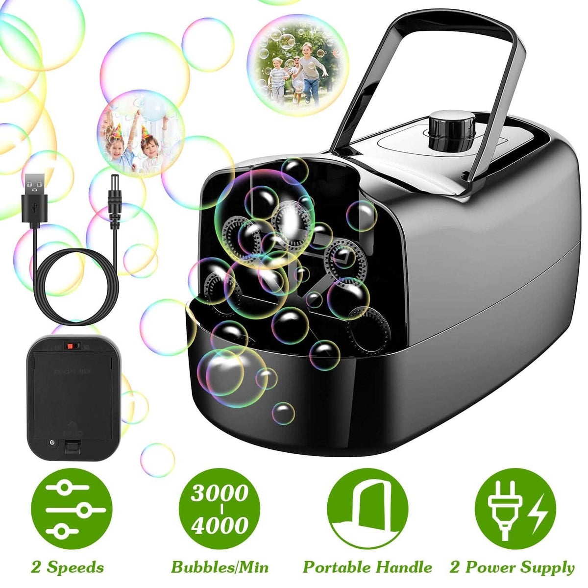 Portable Bubble Blowing Machine with 2 Speeds Handle 3000-4000 Bubbles Per Minute Plug-In Battery Powered