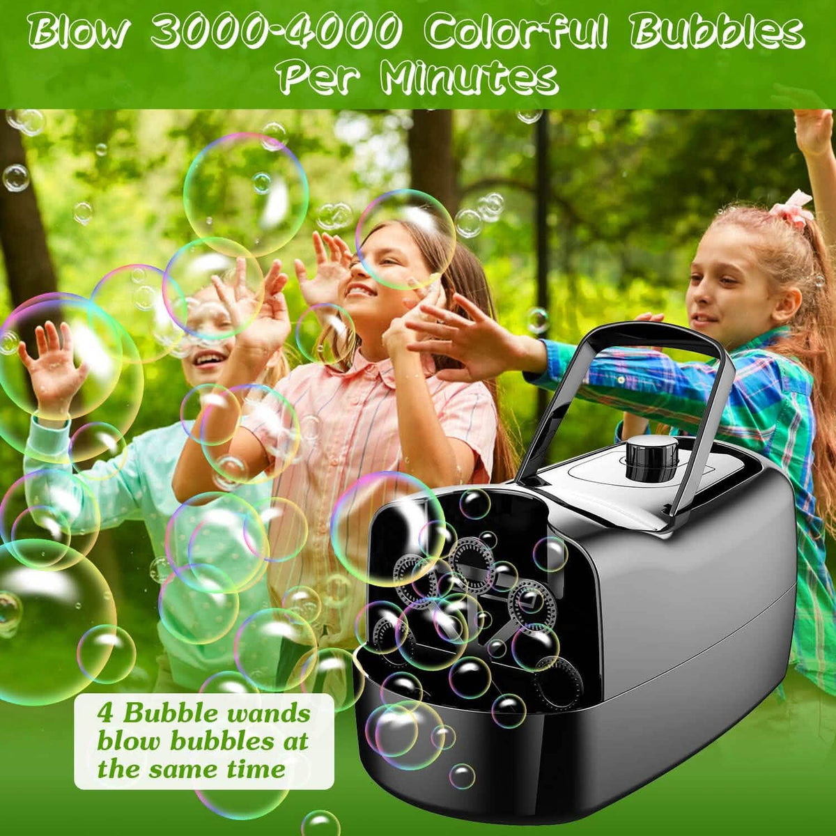 Portable Bubble Blowing Machine with 2 Speeds Handle 3000-4000 Bubbles Per Minute Plug-In Battery Powered