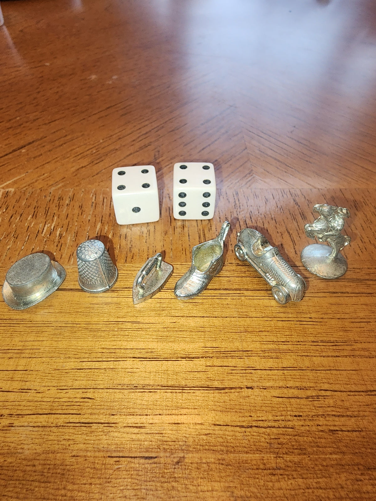 Vintage Monopoly 1975 - Original 6 silver Tokens and 2 Dice (Replacement Parts)