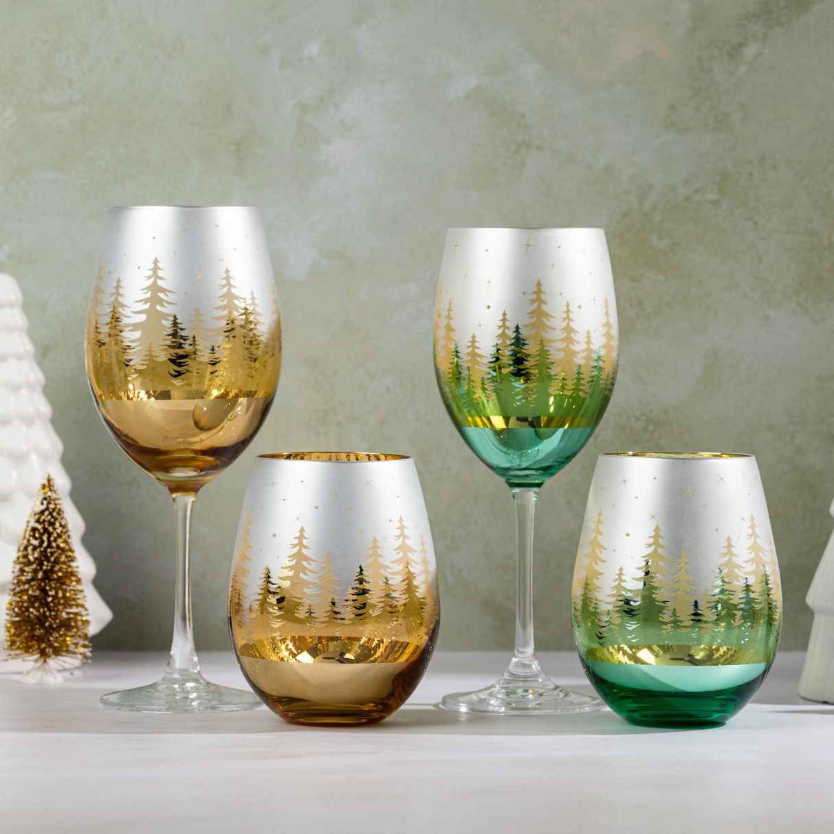 Gold Pine Tree Wine Glasses