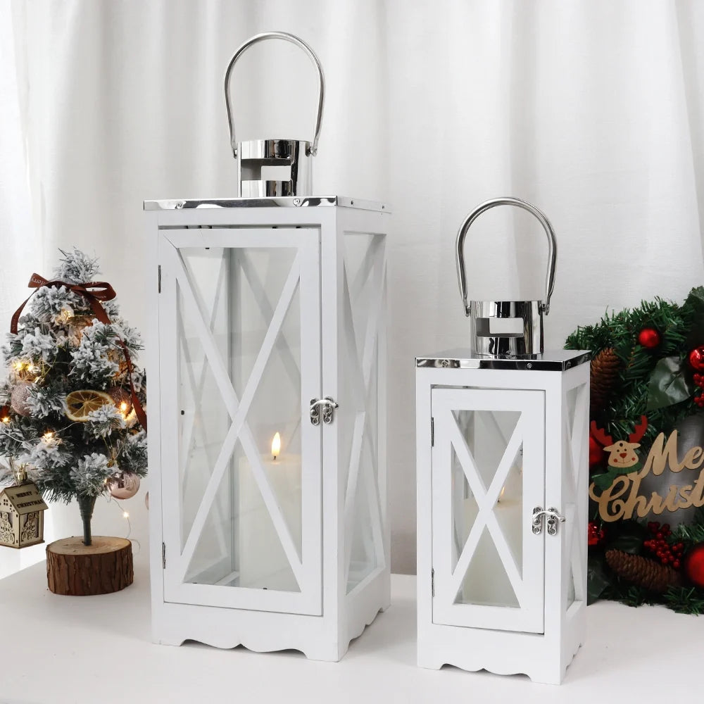 Set of 2 17.5''&24.5'' Farmhouse Wood Lantern (White Rectangle)
