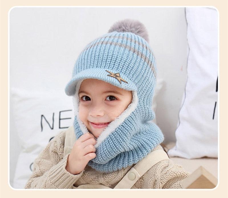 Thick Knitted Acrylic Winter Beanie Hats For Kids Child Outdoor Warm Balaclava Cap Girls Boys Bib Mask Face Cover Hairball Hat Beanie Cap Mask Scarf Hat Set Outdoor Sport Warm Beanies Hat For Men Knitted Hats Bandana Hiking Camping Kid Neck Warmer Cap