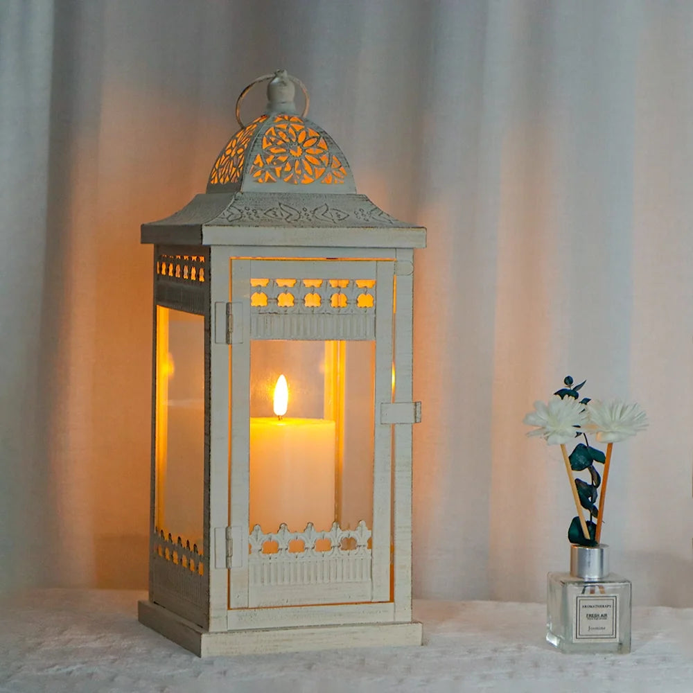 14.5" H Decorative Candle Lanterns(Beige with Gold Brush)