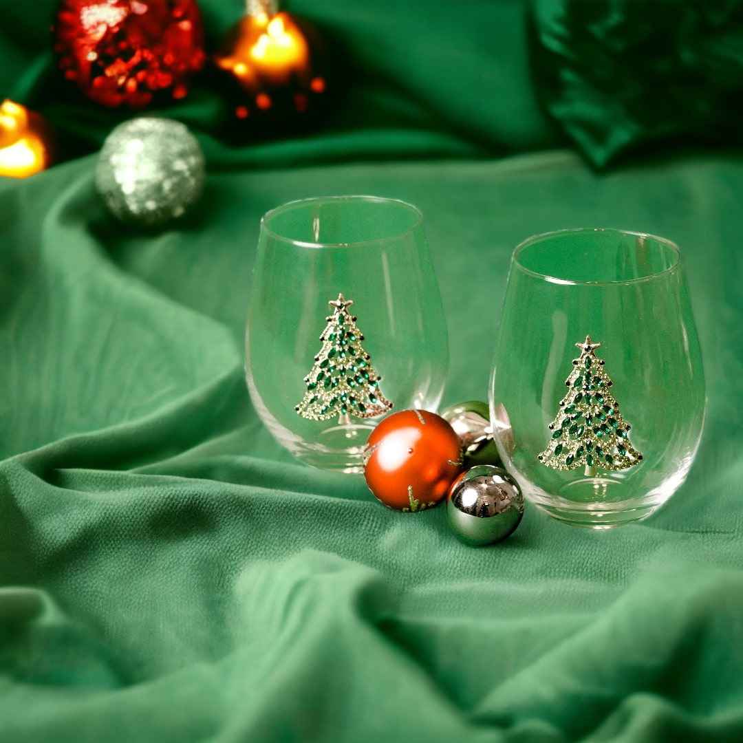 Bedazzled Christmas Tree Stemless Wine Glasses