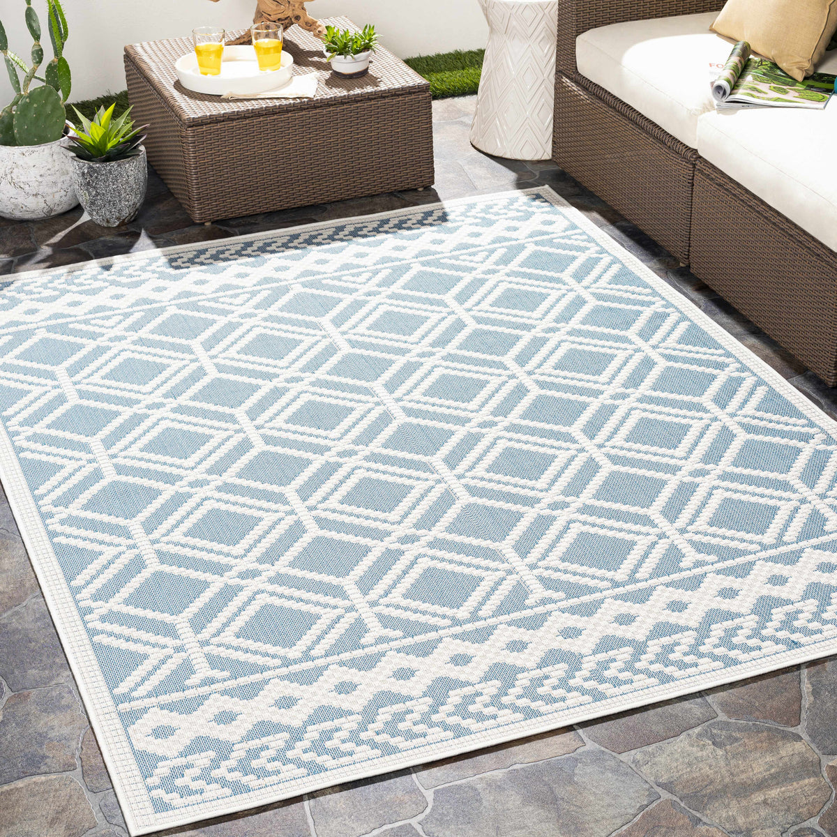Wingina 8x10 Ice Blue Trellis Outdoor Rug - Clearance