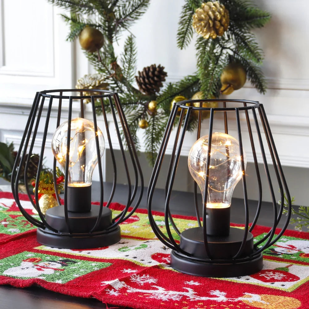 7''Tall Set of 2 Metal Battery Operated Lamp (Black)