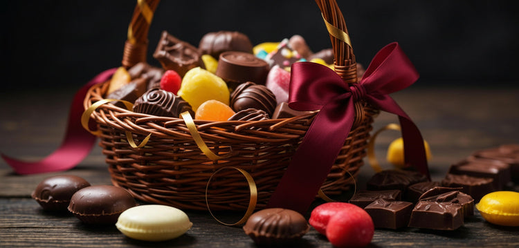 Chocolate and candy gift baskets filled with gourmet sweet treats