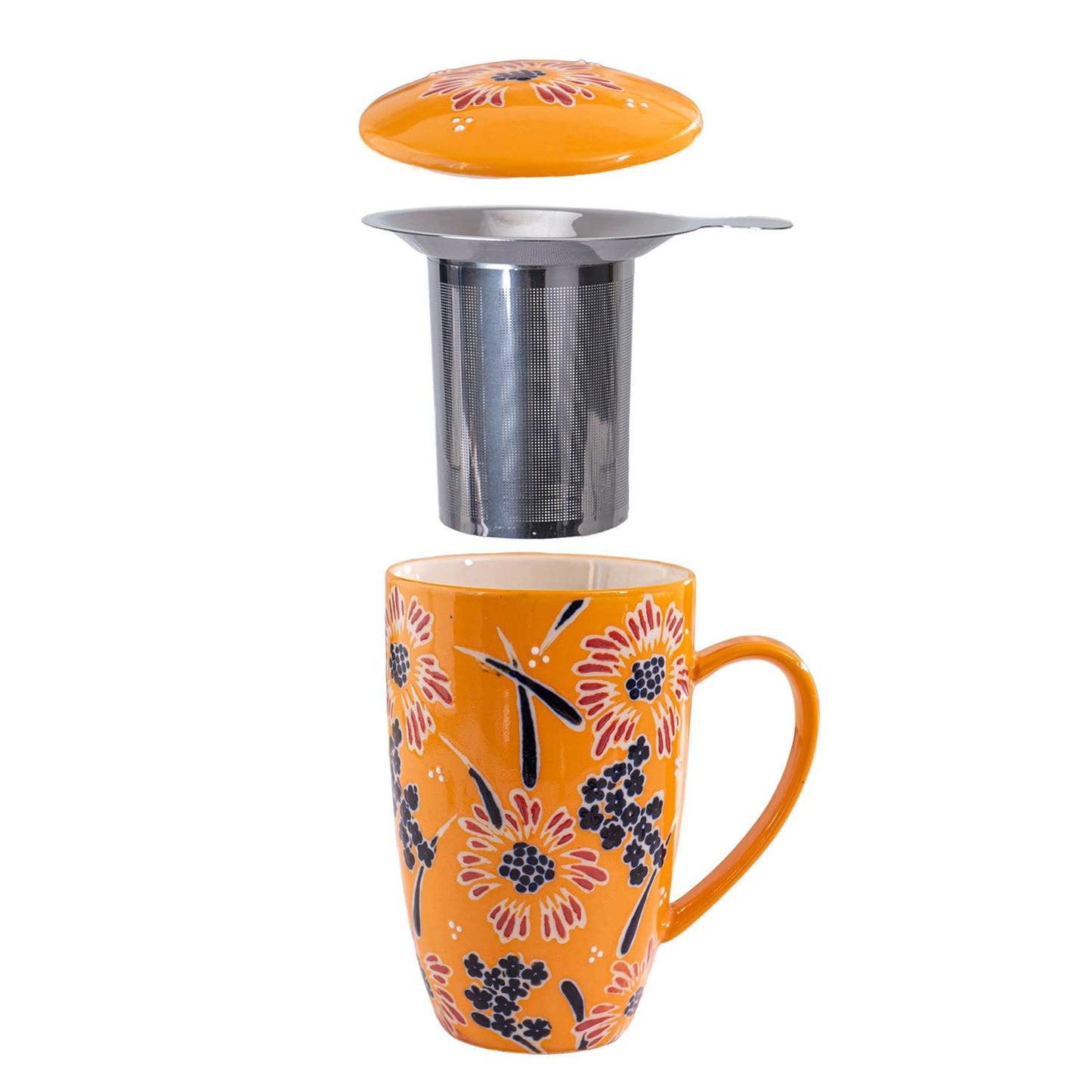 Yellow Flower Tea Mug with Lid & Infuser – 15 fl.oz. Porcelain Mug in Gift Box
