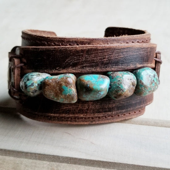 **Genuine Leather Wide Cuff Bracelet w/ Natural Turquoise Chunks 006p