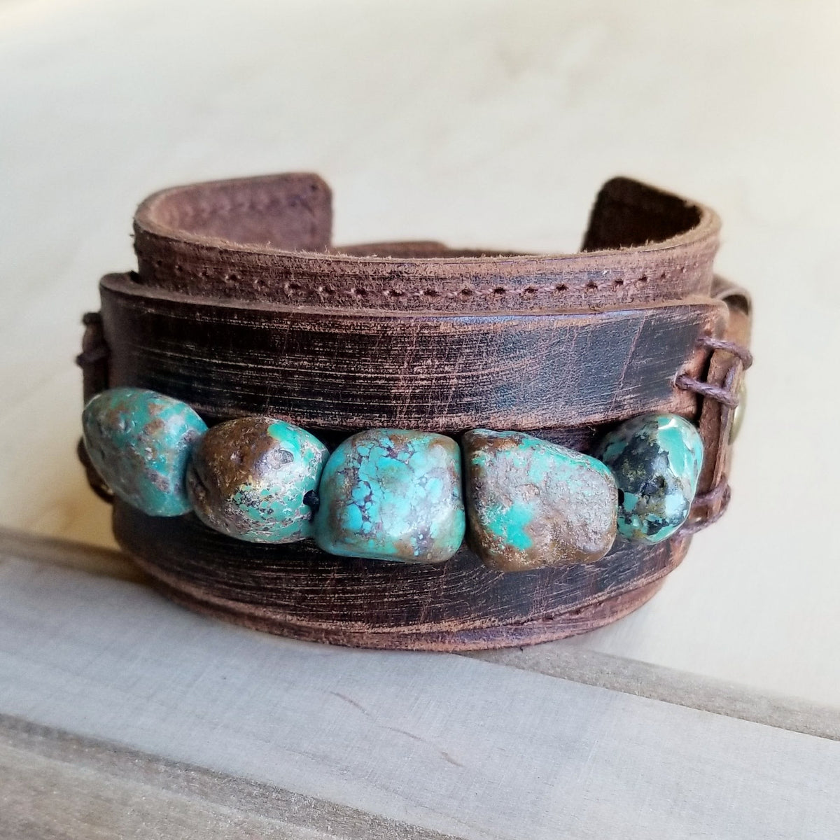 **Genuine Leather Wide Cuff Bracelet w/ Natural Turquoise Chunks 006p