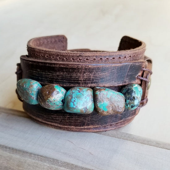 **Genuine Leather Wide Cuff Bracelet w/ Natural Turquoise Chunks 006p