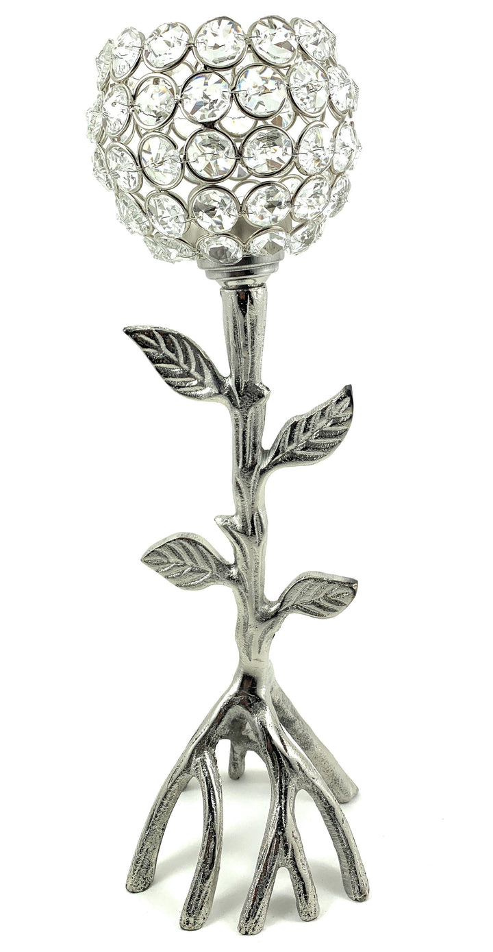Vibhsa Silver Tree Hurricane Crystal Candle Holder | 13.2"H Handcrafted Aluminum