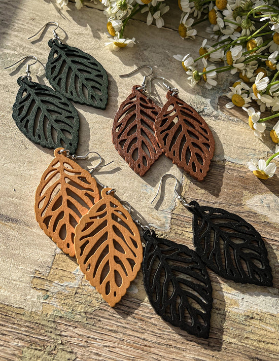 Set of Four Beautiful Wood Leaf Earrings