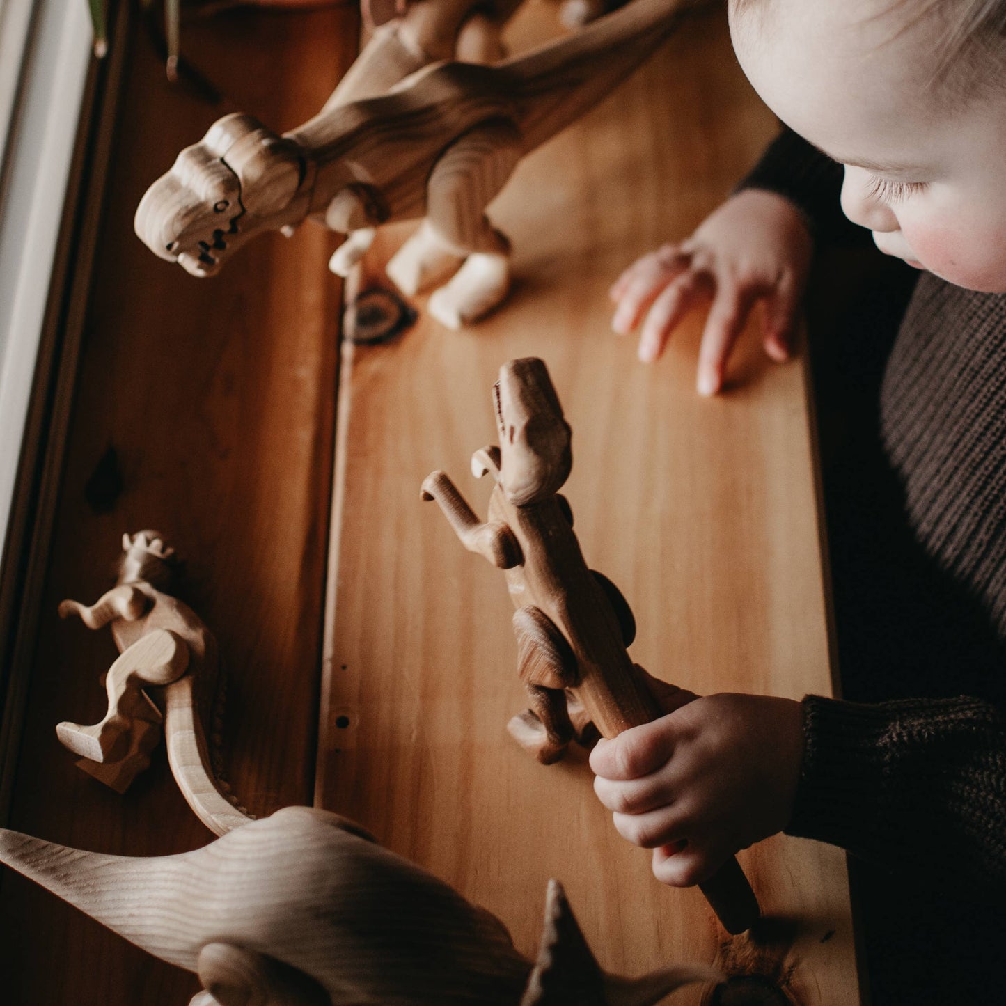 Wooden Velociraptor Dinosaur with Magnetic Joints