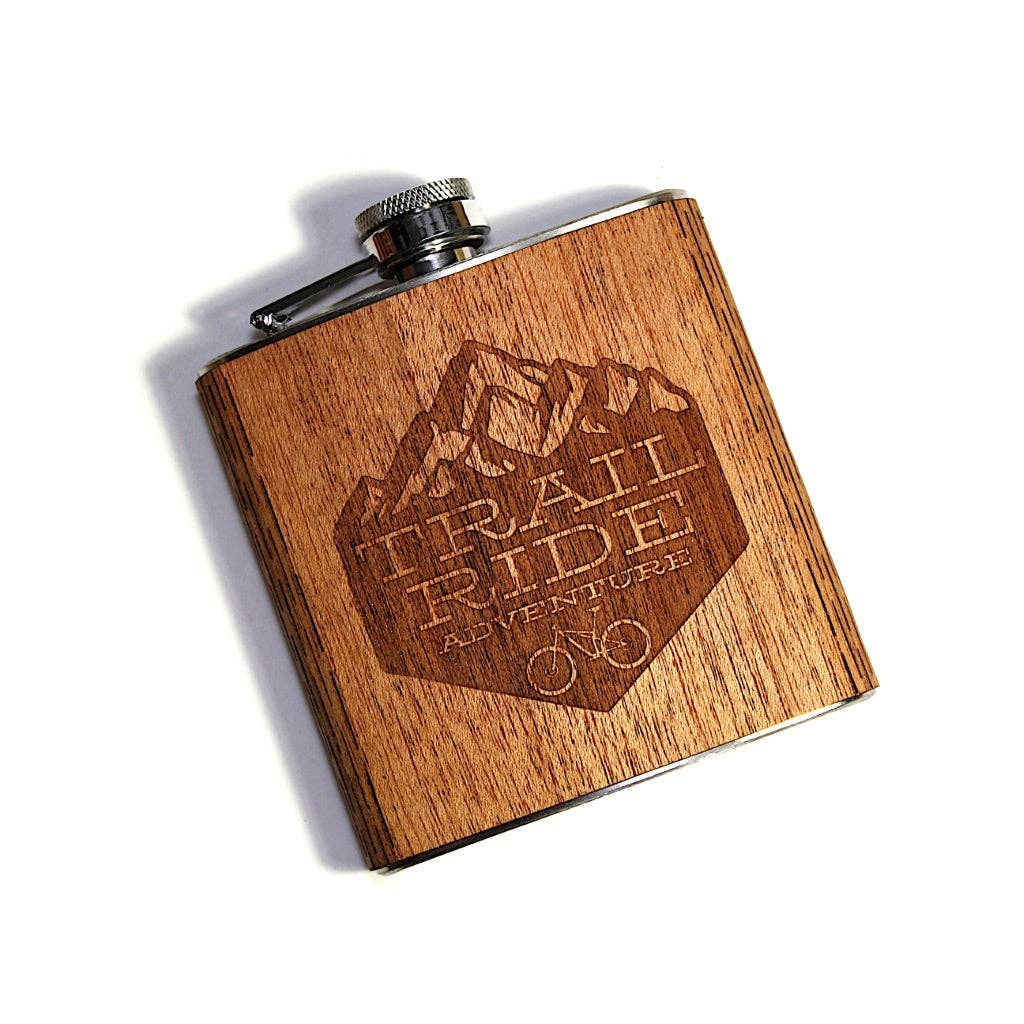 6 oz. Wooden Hip Flask – Bicycle with Mountain Scene | Trail Ride Collection
