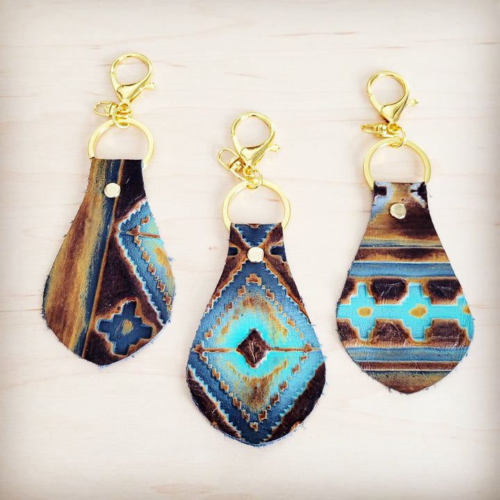 **Embossed Leather Key Chain - Blue Navajo 700a