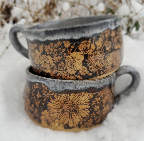 Flower Garden soup bowl in snow storm glaze