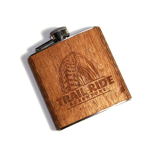 6 oz. Wooden Hip Flask – Bicycle with Mountain Scene | Trail Ride Collection