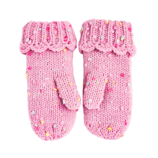 Girls Fun Speckled Knit Mittens with Scalloped Lace Cuff, for Kids All Ages 1-12 Years, Fleece-lined