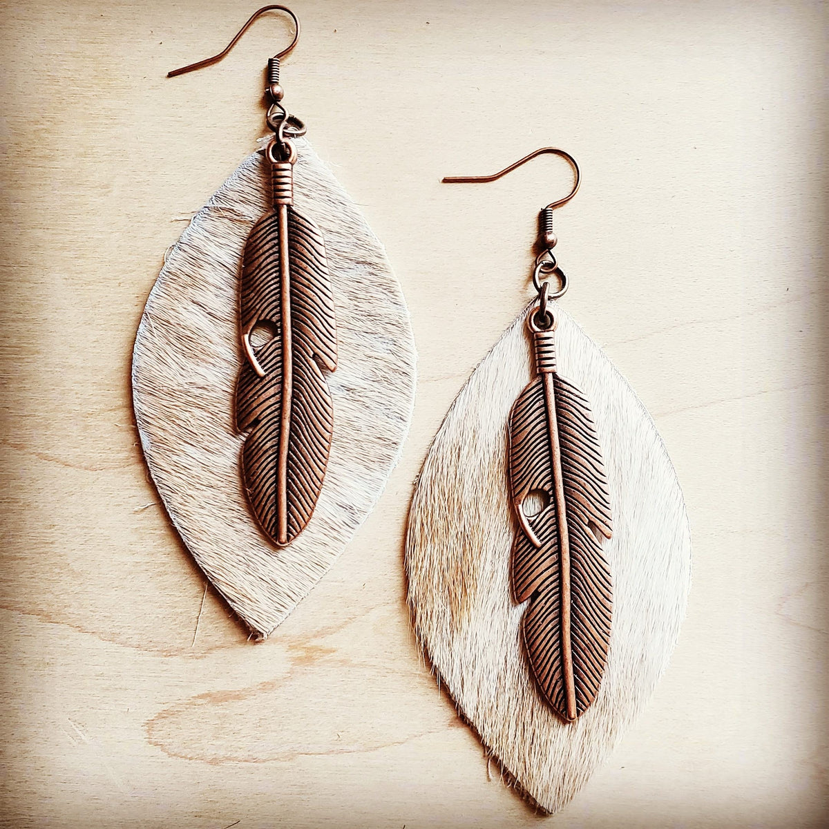 Leather Oval Earrings Tan Hair-on-Hide w/ Copper Feathers 223c