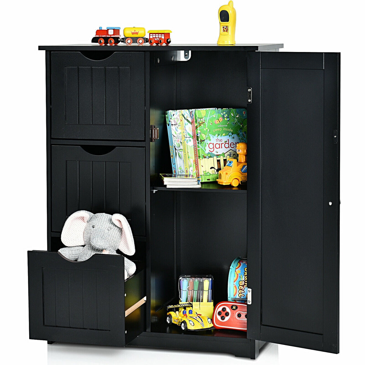 Bathroom Floor Cabinet Side Storage Cabinet with 3 Drawers and 1 Cupboard