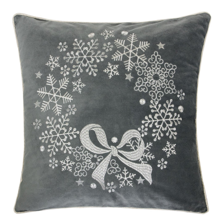 Gray Velvet Holiday Throw Pillow with Snowflake Wreath Embroidery, festive Christmas home decor accent at Cedar & Spice Gifts
