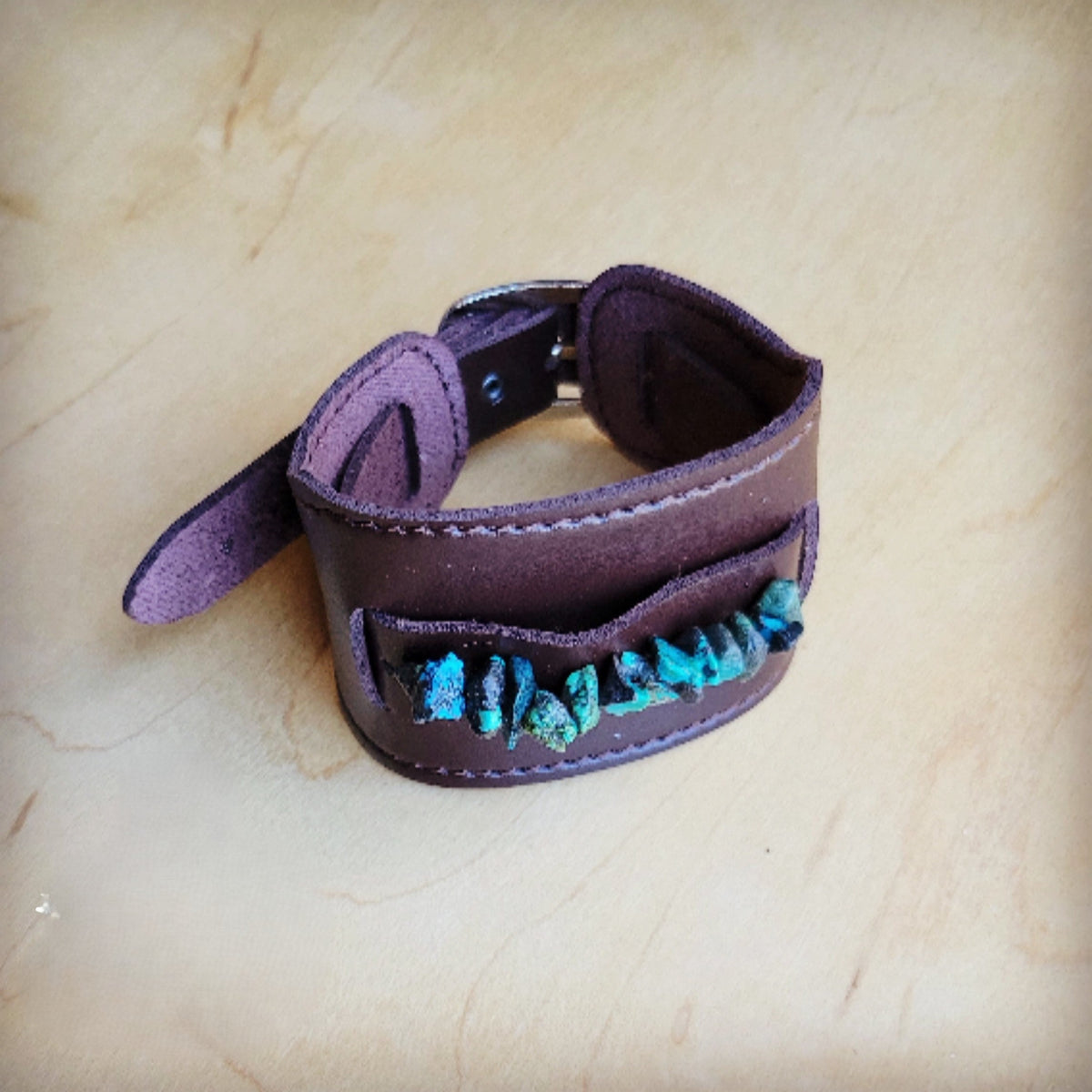**Wide Dark Leather Cuff with Natural Turquoise Chunks 011y