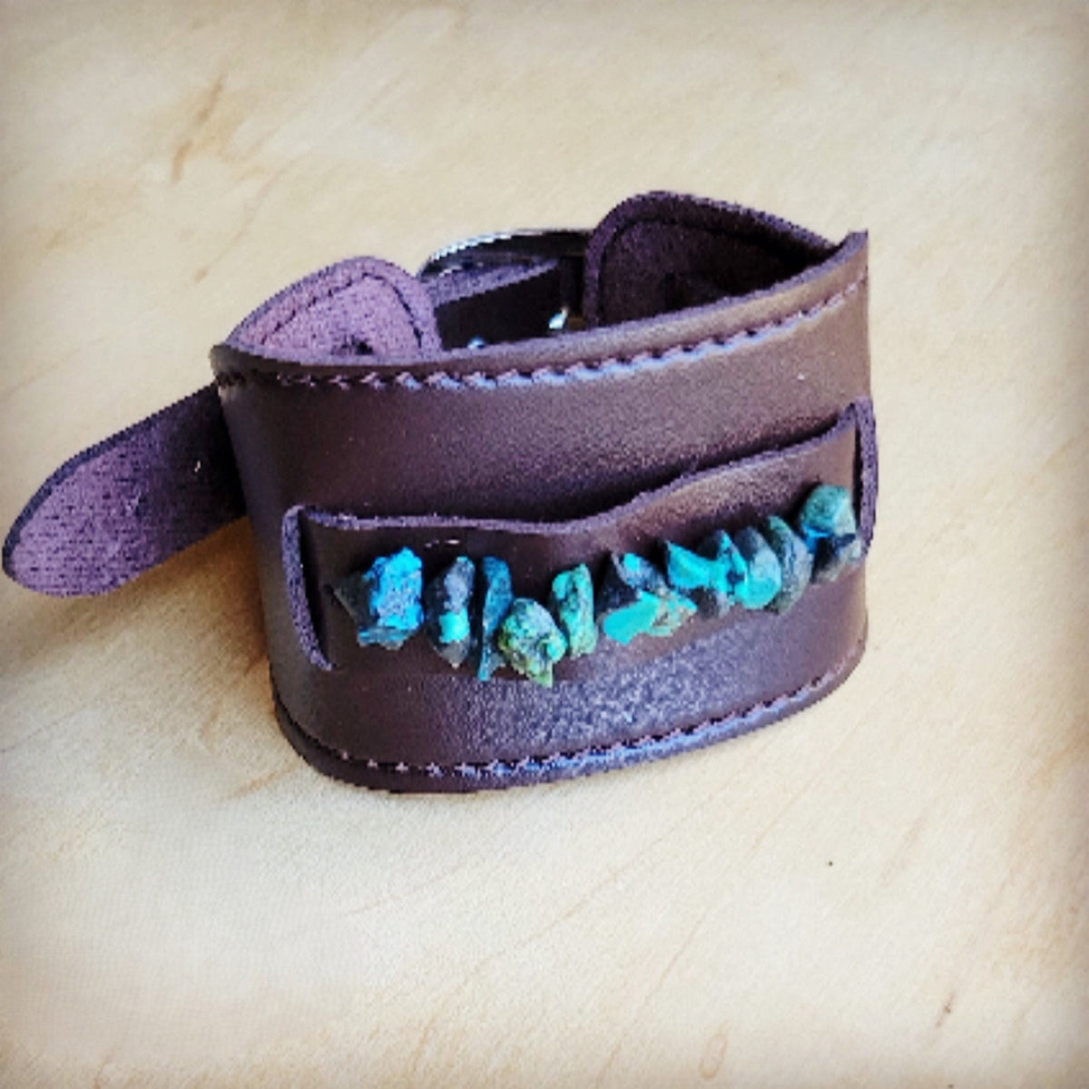 **Wide Dark Leather Cuff with Natural Turquoise Chunks 011y