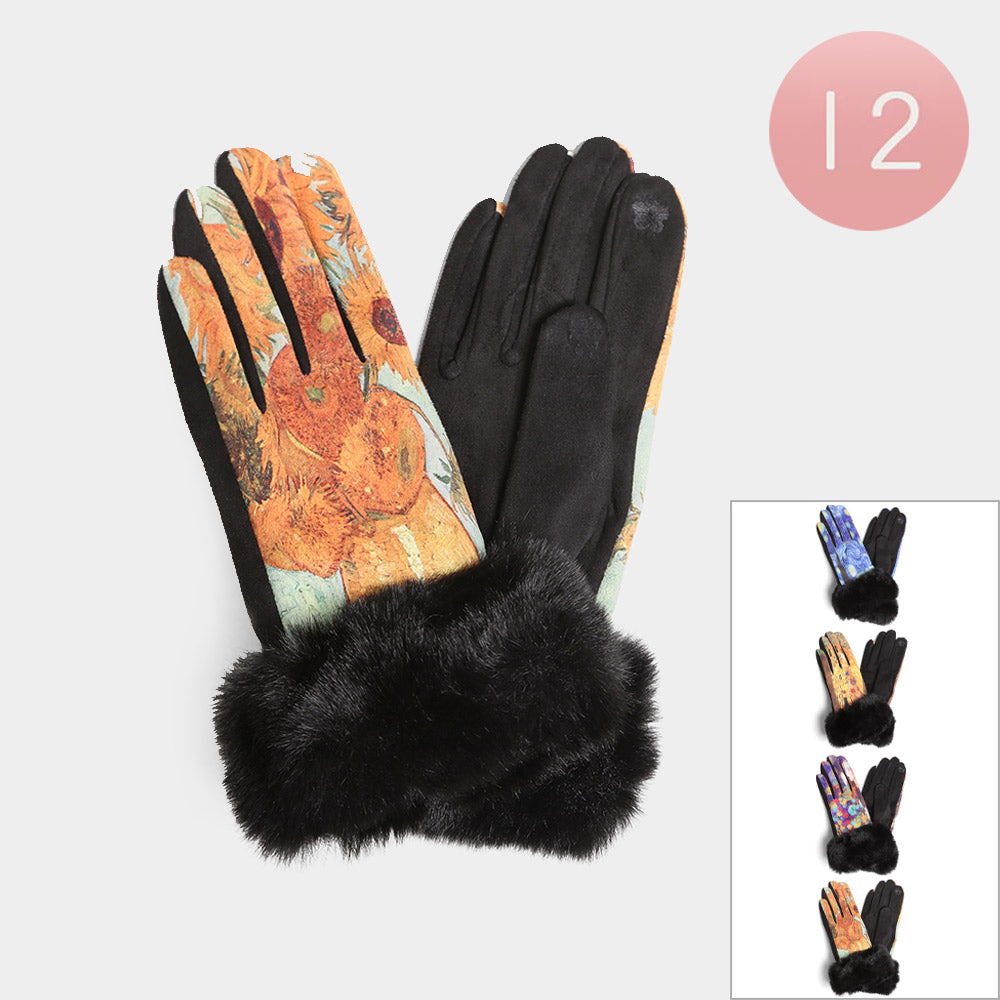 12Pairs - Painting Print Faux Fur Cuff Touch Smart Winter Gloves