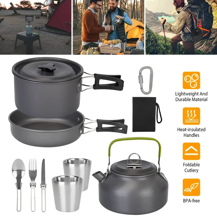 12pcs Camping Cookware Set with Aluminum Pot and Kettle